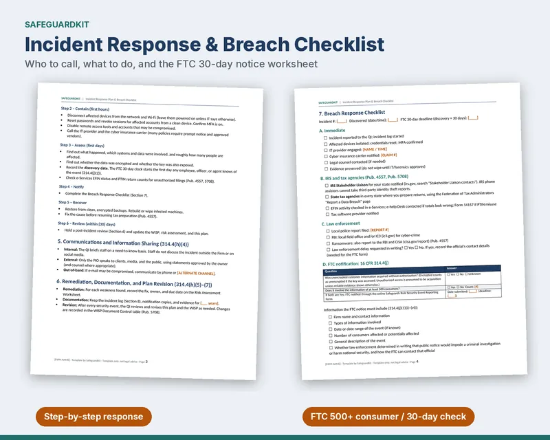 Sample incident response plan and breach checklist pages